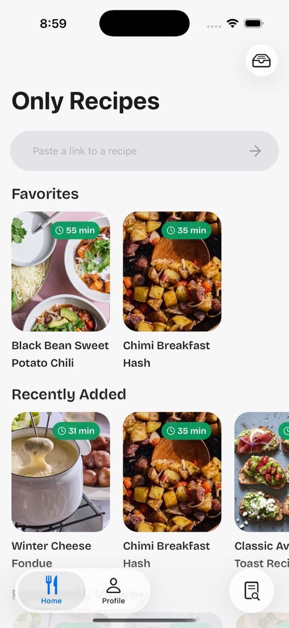 A screenshot of the home tab showing favorites and recently added collections
