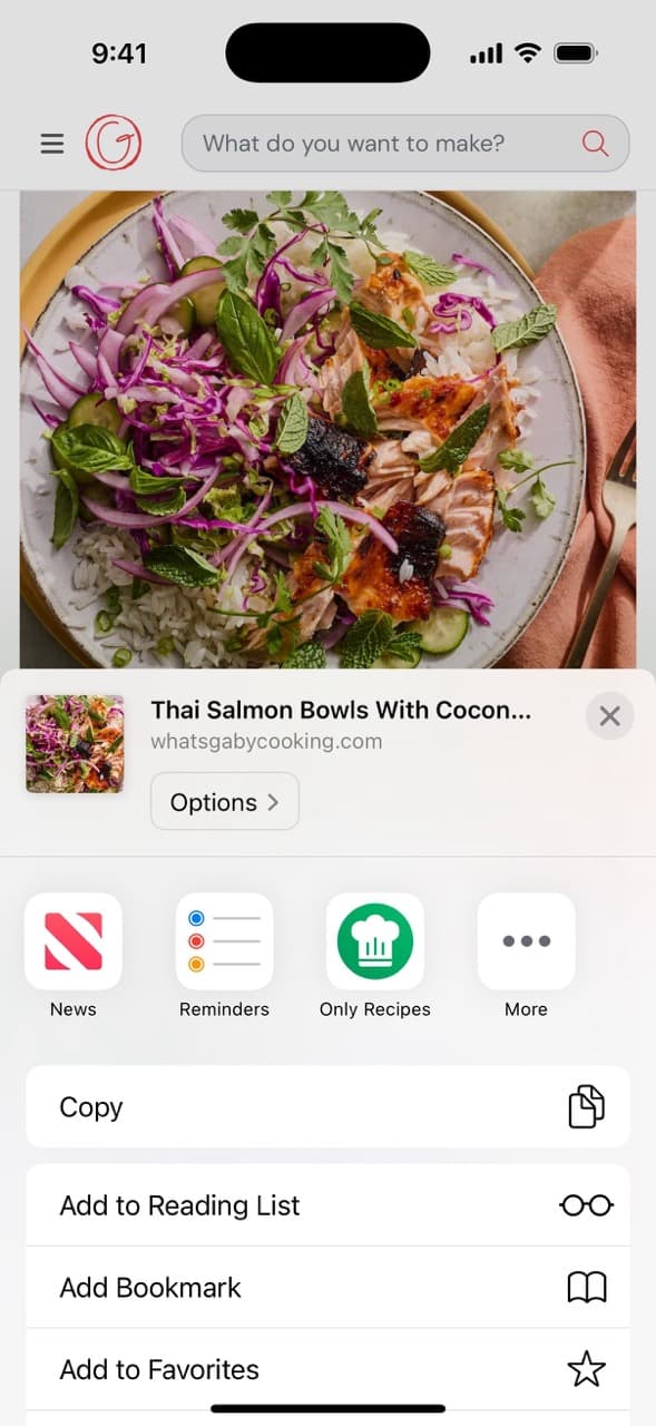 Preview sharing a recipe to Only Recipes from the Safari share sheet